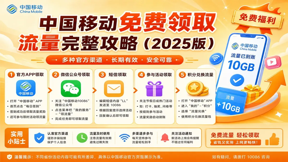中国移动免费领取流量完整攻略（2025版）