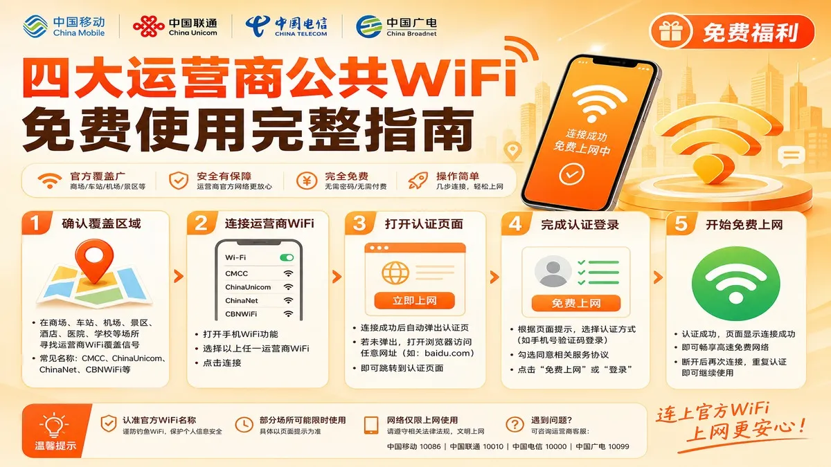 四大运营商公共WiFi免费使用完整指南