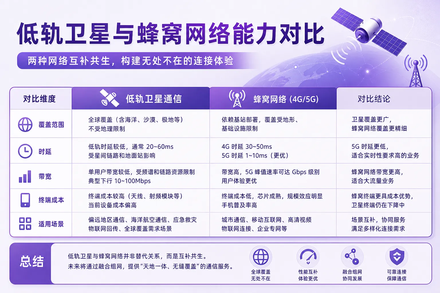 一、低轨卫星互联网与蜂窝网络的能力对比